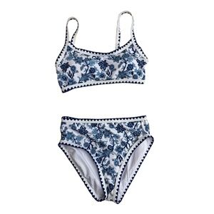 Two Piece Swimsuit Womens L Blue Floral Bikini High Waisted Tropical Boho